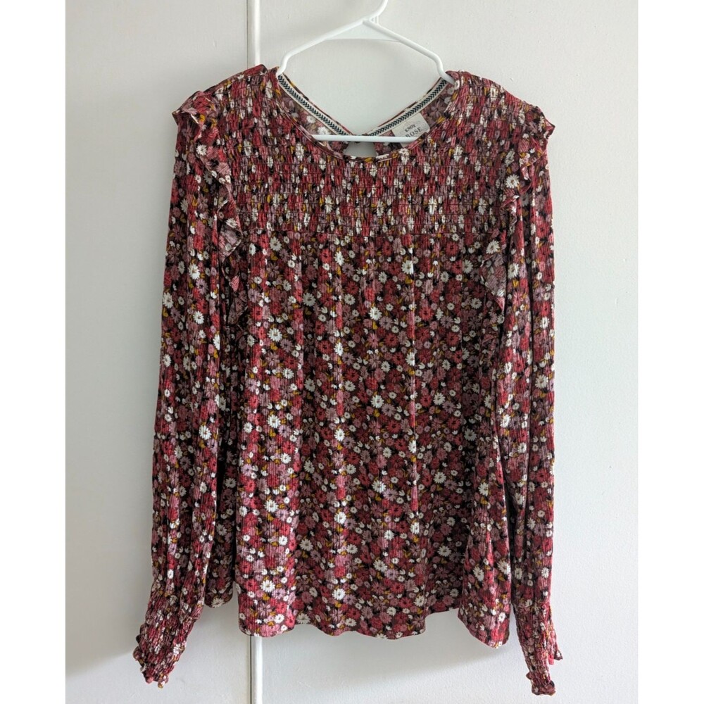 Knox Rose Blouse Women Floral XL Smocked Rayon Ruffle Top Peasant boho romantic